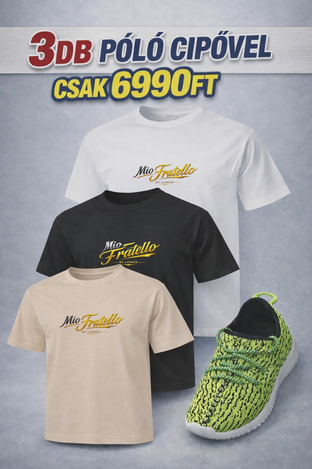 Mio Fratello – 3 db Férfi  Póló + AJÁNDÉK Cipő Csomag csak 6990ft.