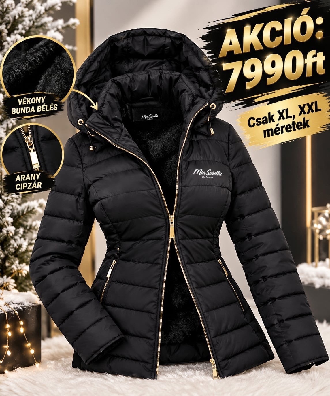 Mia Sorella – Elegáns fekete női ENYHÉN BUNDÁS kabát csak 7990ft - CSAK XL,ÉS XXL MÉRETEK!