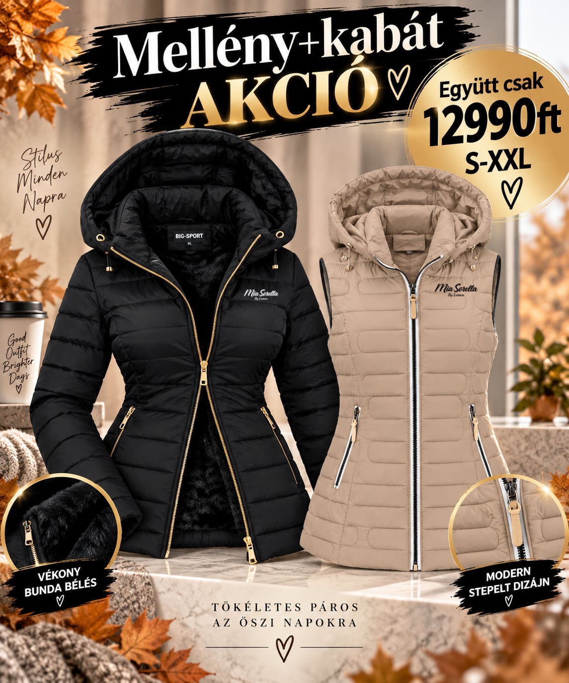 Mia Sorella Duo Chic – Átmeneti kabát + mellény szett fekete/beige.