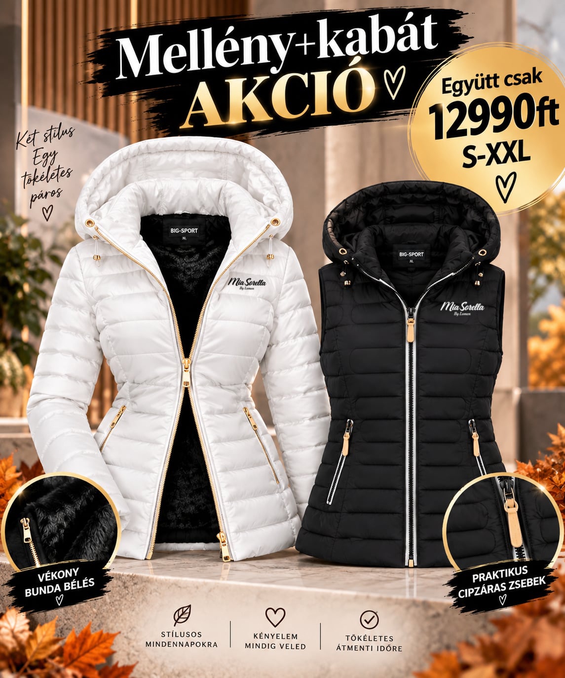 Mia Sorella Duo Chic – Átmeneti kabát + mellény szett fehér/fekete.