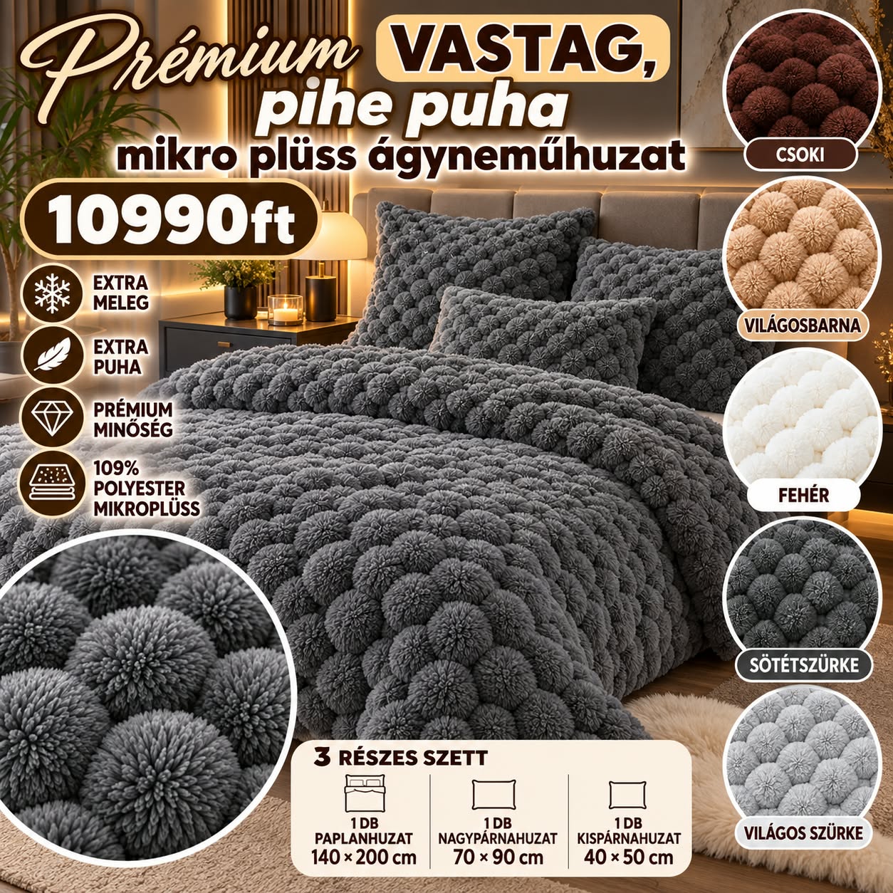 Mikro plüss ágyneműhuzat szürke