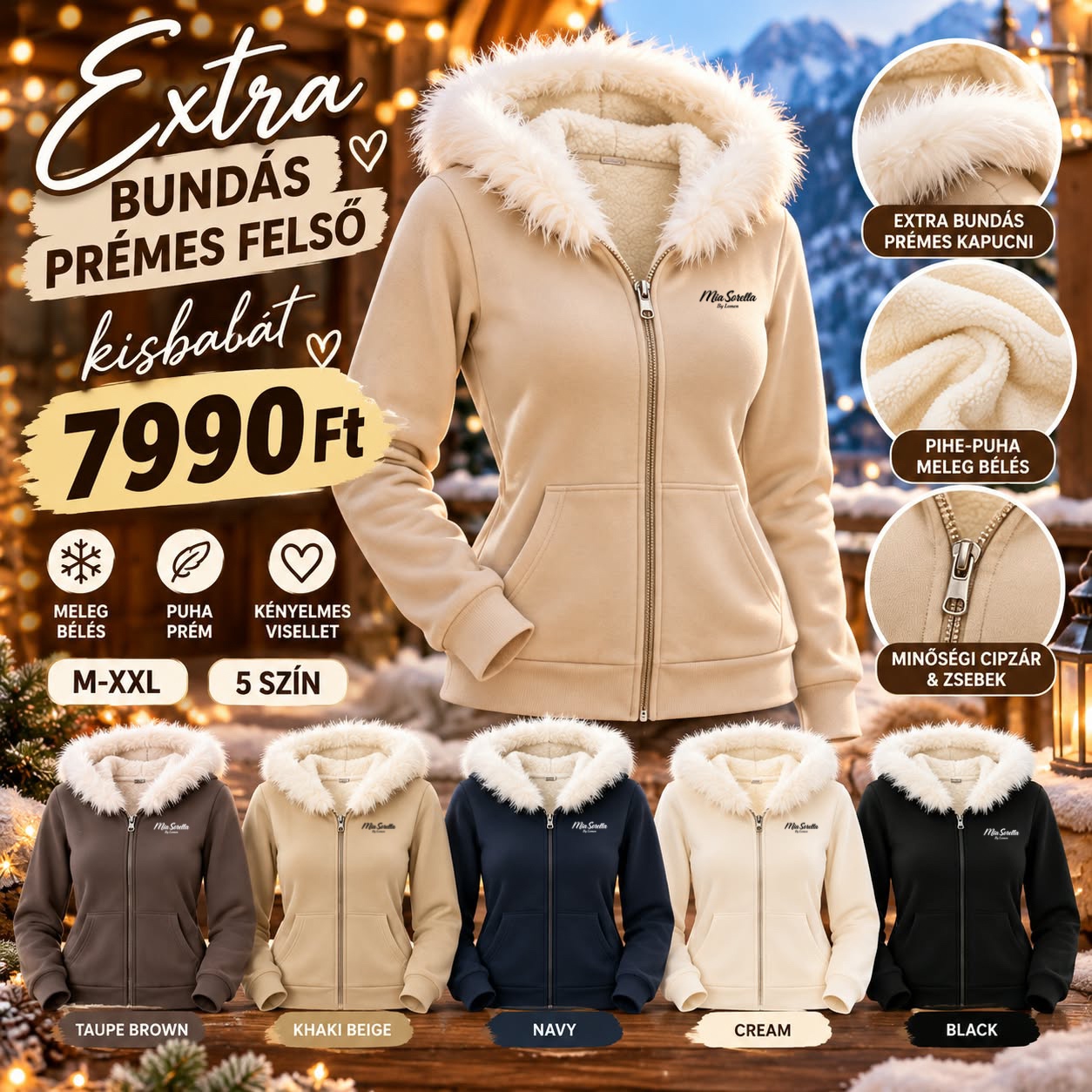Mia Sorella- VELVET KISS – Extra bundás, prémes kapucnis női felső ❄️✨ CSAK 7990FT