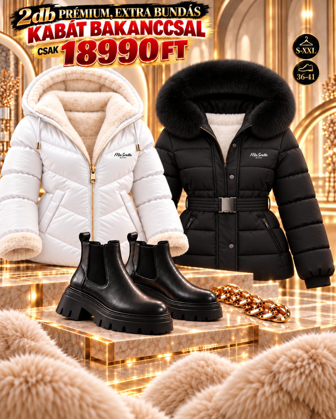 SnowLuxe Duo Szett,2 db prémium bundás Mia Sorella  télikabát  bakanccsal– csak 18 990 Ft