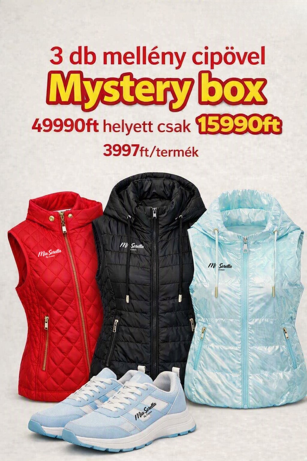 3 db Prémium Mellény +  cipő Mystery Box  49990ft helyett csak 15990ft