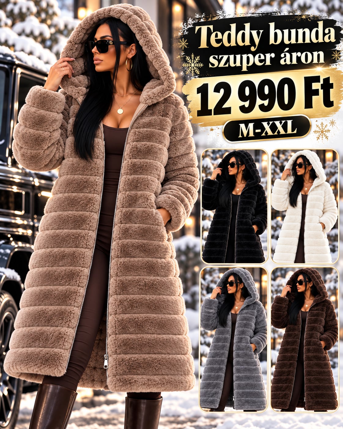 Teddy Luxe hosszú kapucnis bundakabát – M–XXL, csak 12990ft