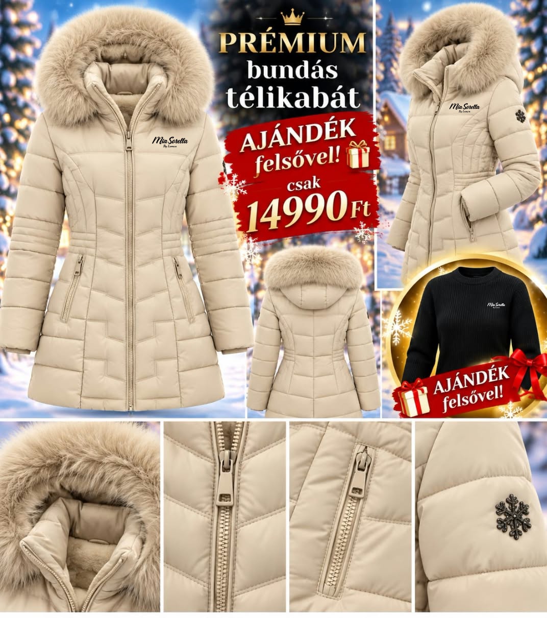  IVORY QUEEN – A tél luxuskirálynője!  EXTRA PRÉMIUM, BELÜL BUNDÁS, HOSSZÍTOTT TÉLIKABÁT + AJÁNDÉK PIHE-PUHA KÖTÖTT PULCSI!  Csak 14990ft