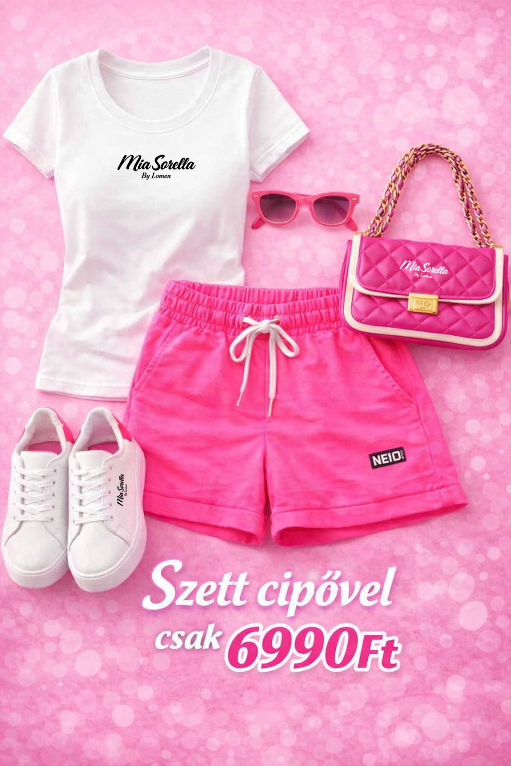 Mia Sorella – Fehér prémium póló + neon pink nadrág + AJÁNDÉK cipő szett
