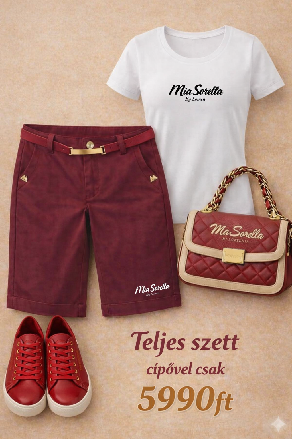 Mia Sorella – Prémium Nyári Női Szett AJÁNDÉK Cipővel (Bordó–arany/fehér) csak 5990ft