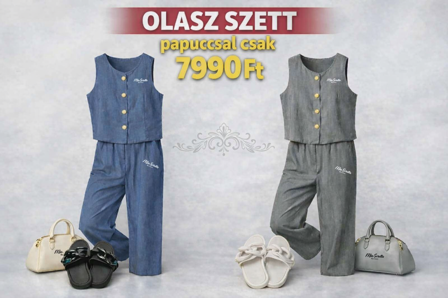 Mia Sorella – Olasz 2 részes farmerhatású EXTRA PRÉMIUM szett AJÁNDÉK papuccsal