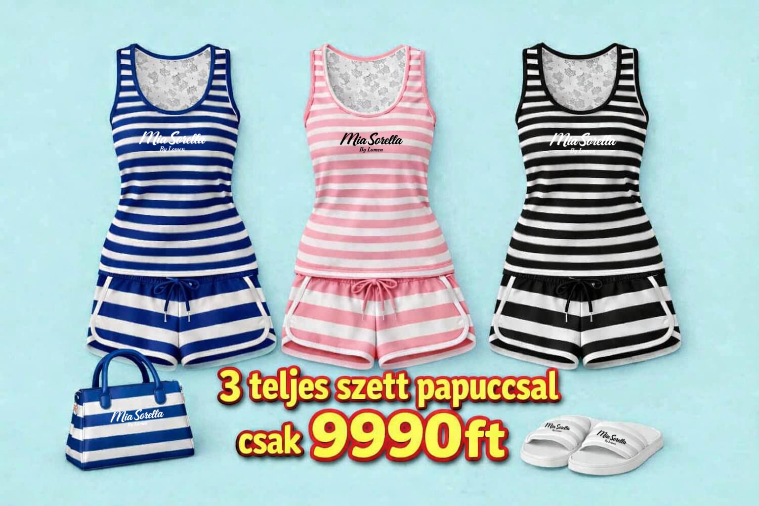 Mia Sorella – 7 Részes csíkos Prémium Nyári Szett AJÁNDÉK Papuccsal