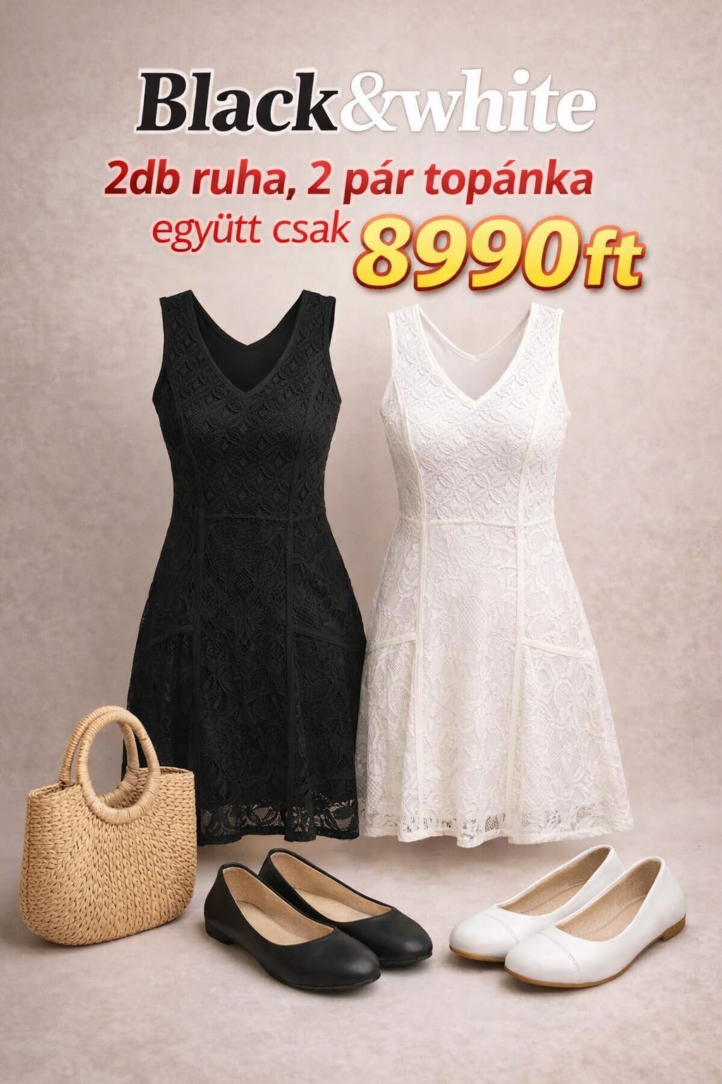 Black&White – Prémium Nyári Szett 2 db Ruha + 2 pár Topánka