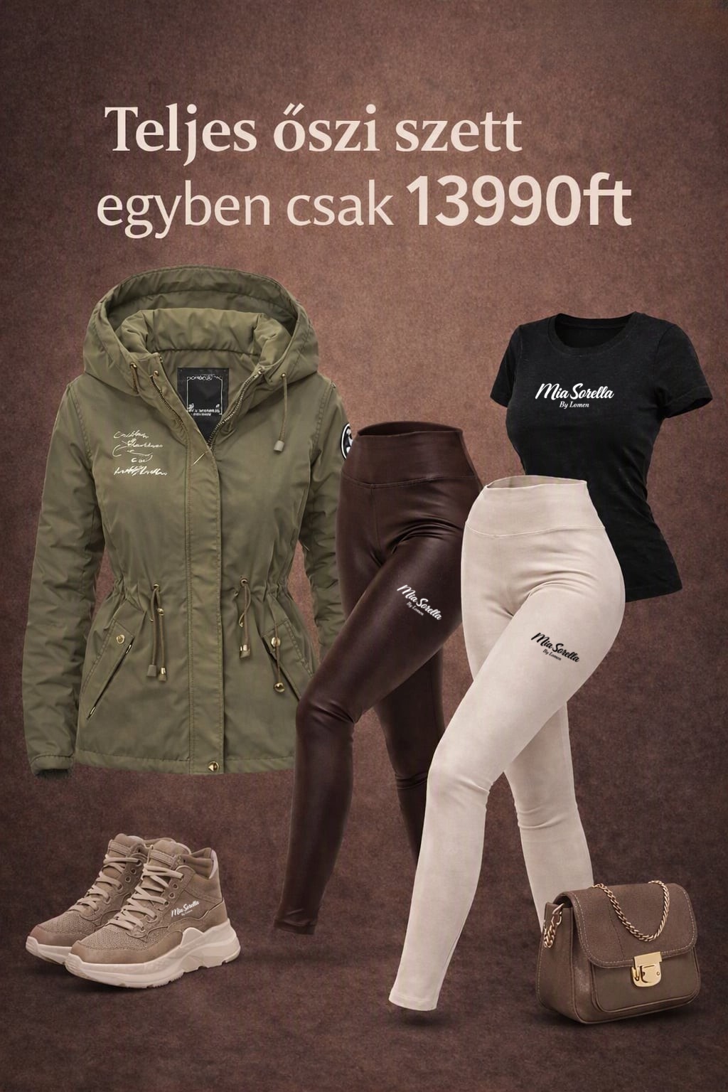 Mia Sorella – Autumn All‑In Deluxe KHAKI Kollekció– kabát, 2 bőr leggings, póló+cipő együtt csak 13990ft