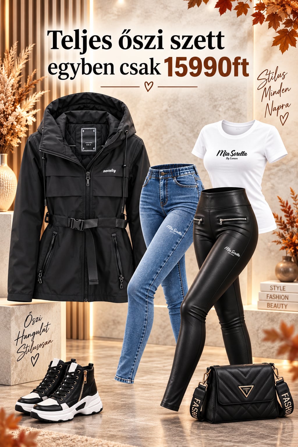 Mia Sorella Autumn Elegance All-In Kollekció: Kabát + Farmernadrág + Bőrhatású Leggings + Póló + AJÁNDÉK Cipő – együtt csak 15 990 Ft