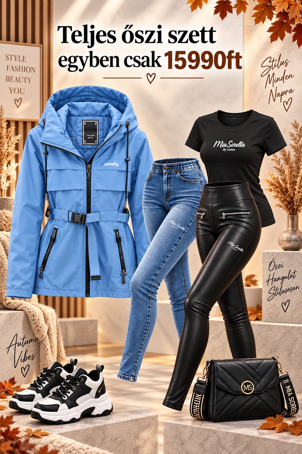 Mia Sorella Autumn Elegance All-In Kollekció:Kék kabát + Farmernadrág + Bőrhatású Leggings + Póló + AJÁNDÉK Cipő 