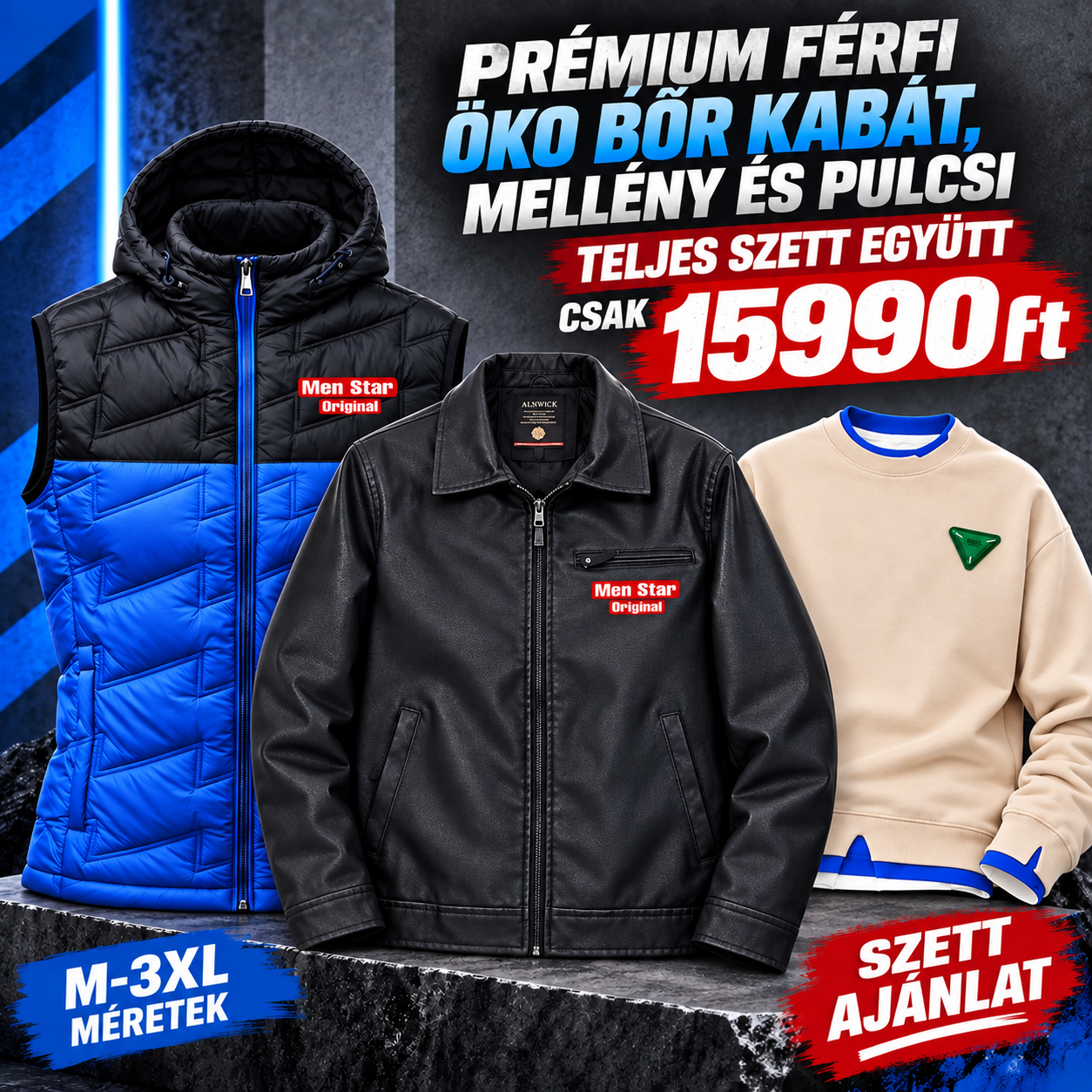 Men Star Prémium 3 részes férfi szett – Öko bőr kabát + vízlepergető mellény + pamut pulóver együtt csak 15990ft