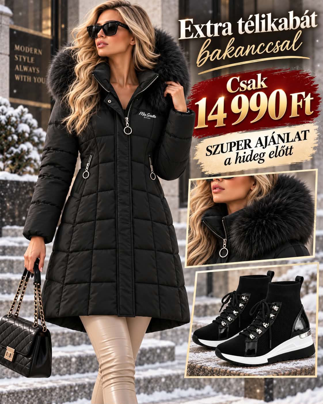 FROST QUEEN TÉLI SZETT , Extra meleg télikabát hatalmas prémmel + bakancs együtt mindössze 14 990 Ft!