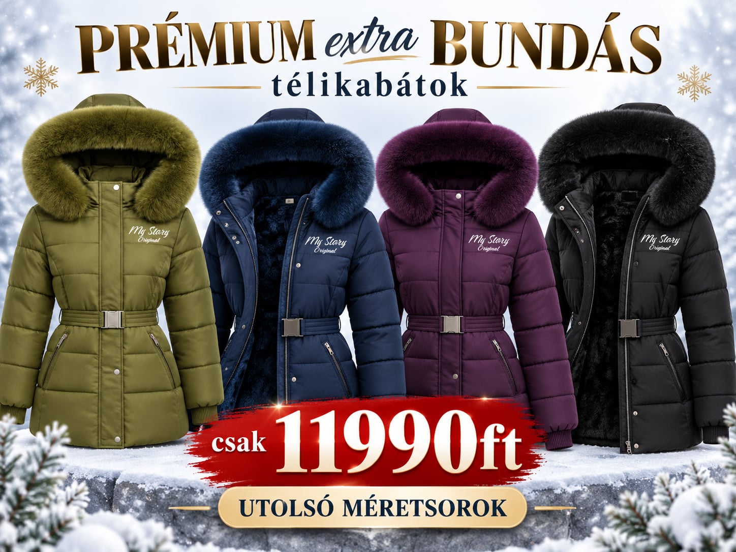 Prémium Arctic Luxe™ Extra Bundás, Vízlepergető Női Téli Kabát, 4 szín, csak 11990ft