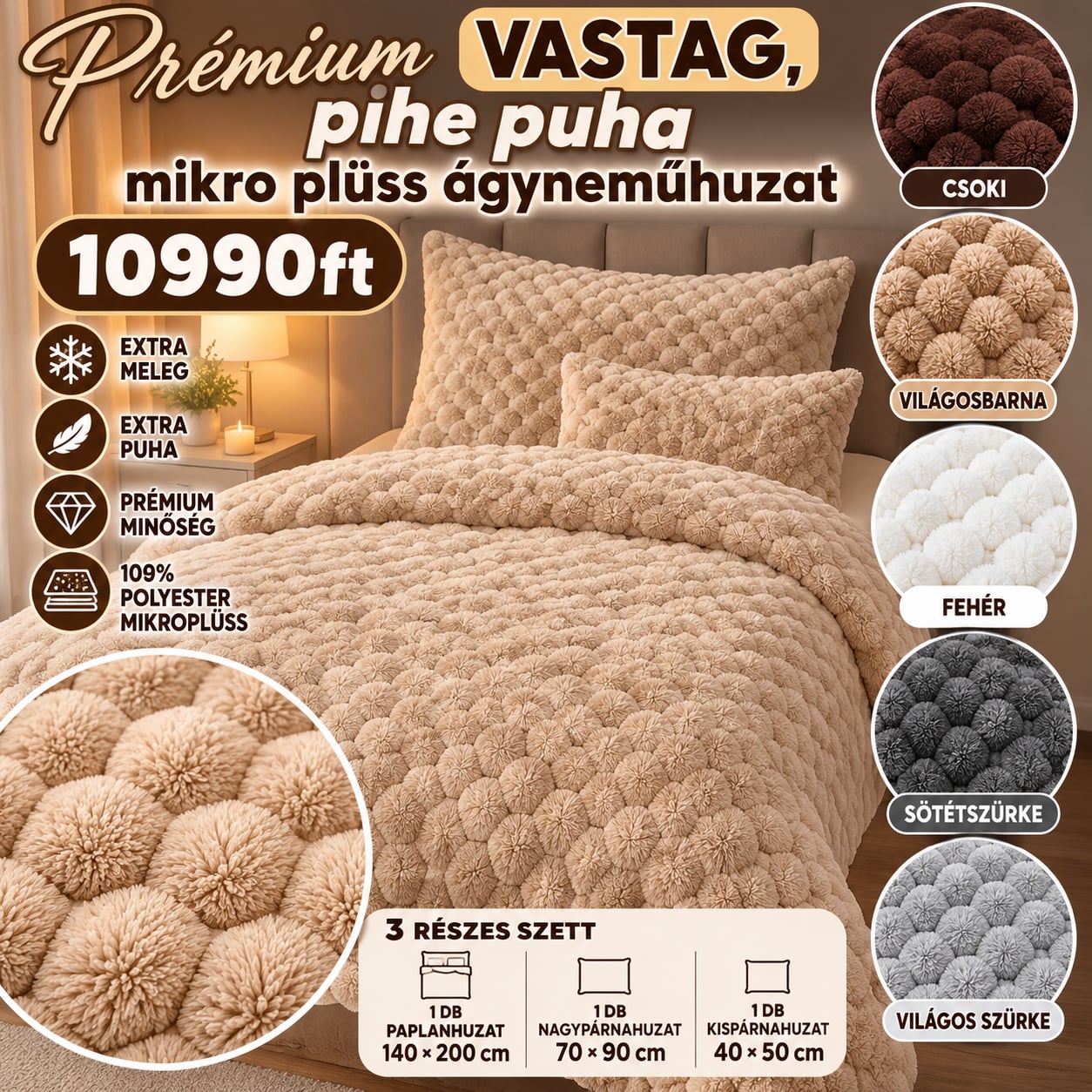 Prémium Extra Meleg, Pihe-Puha Mikroplüss Ágyneműhuzat Szett – 3 részes