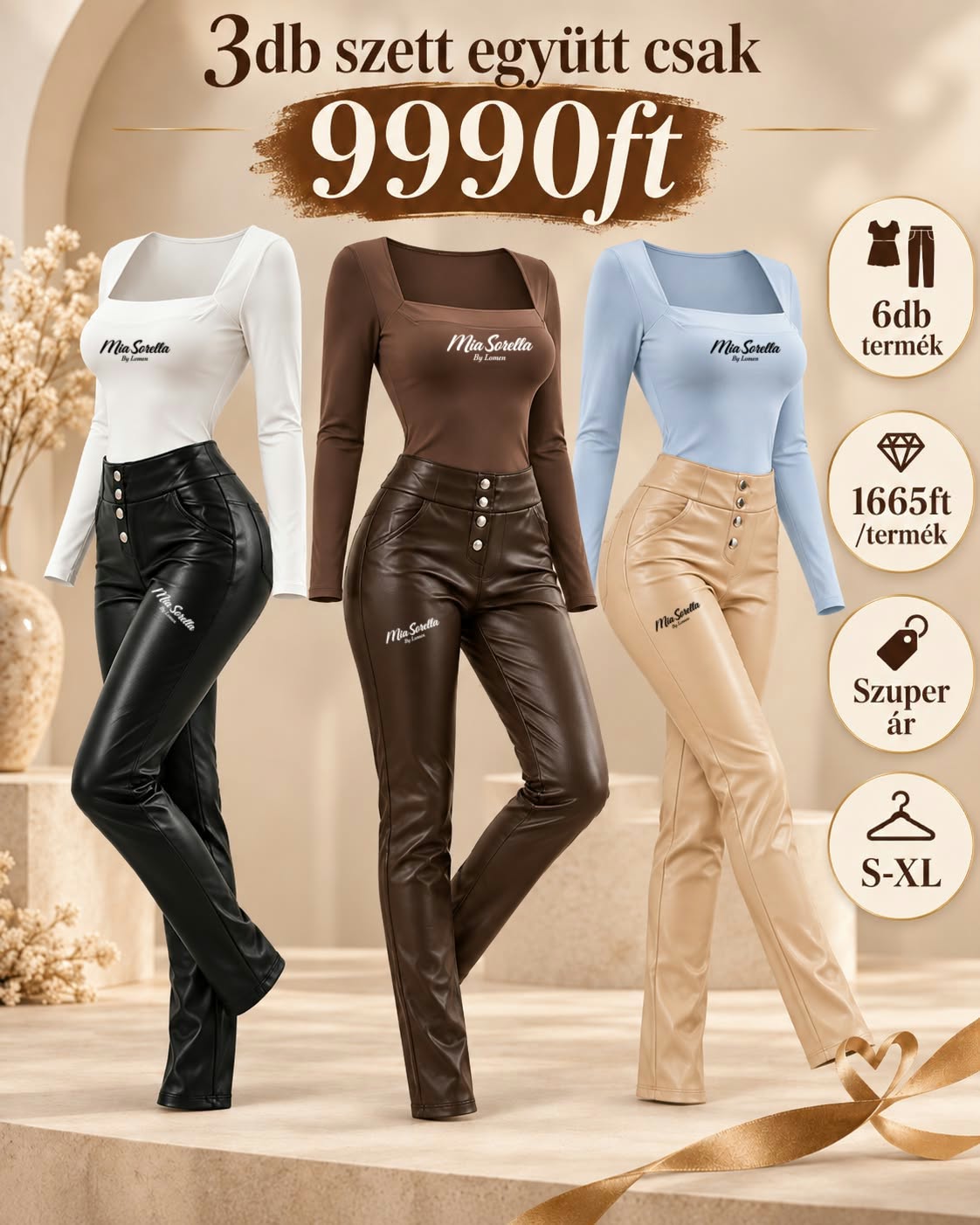 Mia Sorella Premium Bőrhatású Szett – 3× Felső + 3× Nadrág (6 db)