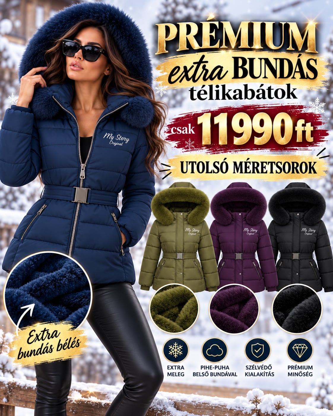 -Prémium Arctic Luxe™ Extra Bundás, Vízlepergető Női Téli Kabát, 4 szín, csak 11990ft