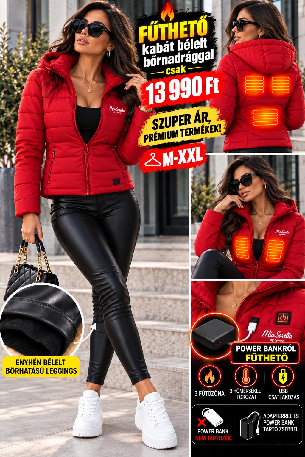ThermaLuxe Heat Duo – Prémium Piros  fűthető kabát + bélelt bőrhatású leggings együtt csak 13990ft
