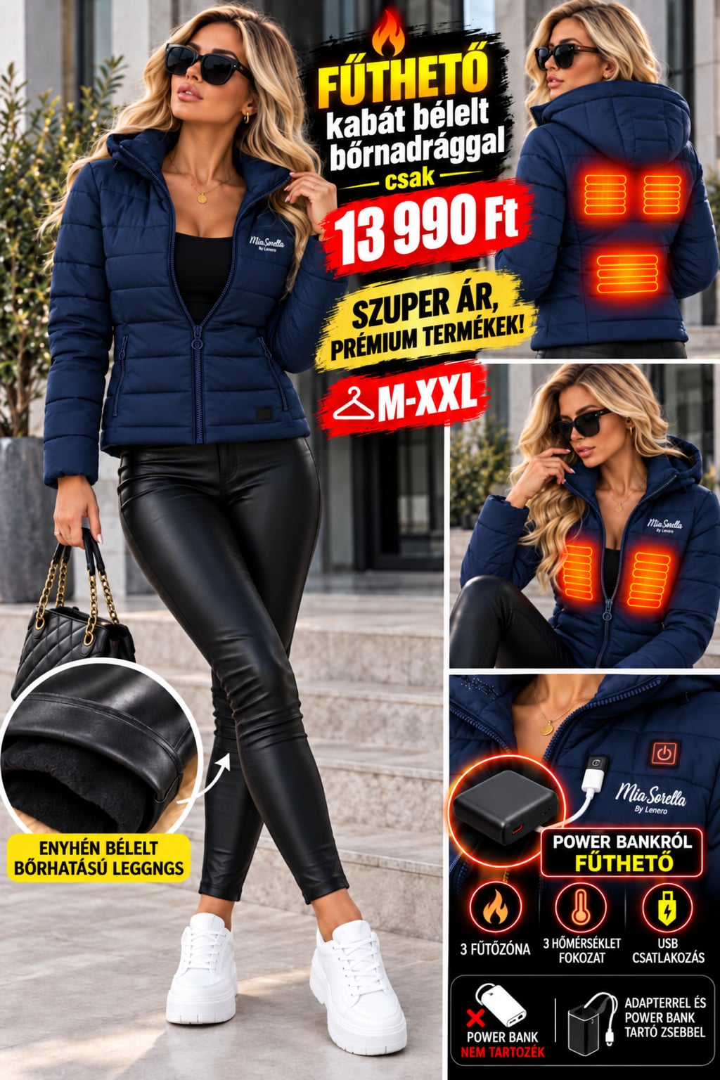 ThermaLuxe Heat Duo – Prémium Kék  fűthető kabát + bélelt bőrhatású leggings együtt csak 13990ft