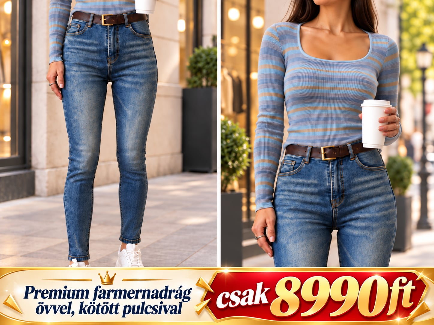 Luna Denim  Szett : Farmernadrág, öv, kötött felső együtt csak 8990ft