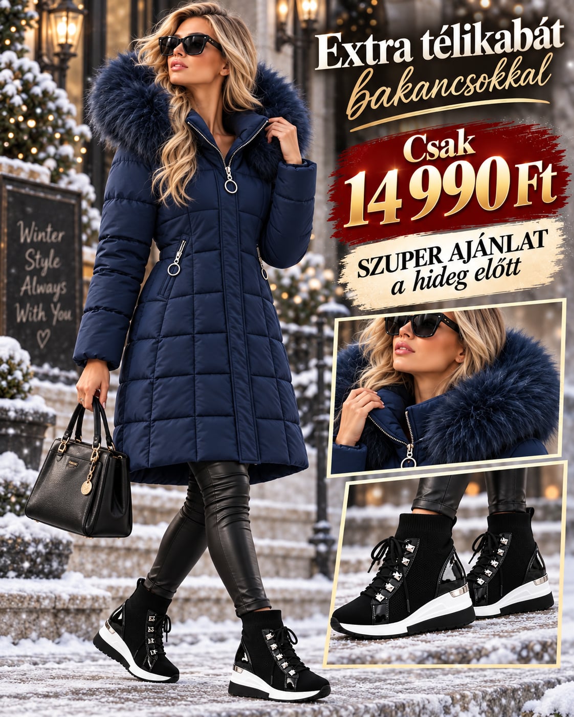  TÉLI SZETT , Extra meleg télikabát hatalmas prémmel + bakancs együtt mindössze 14 990 Ft!