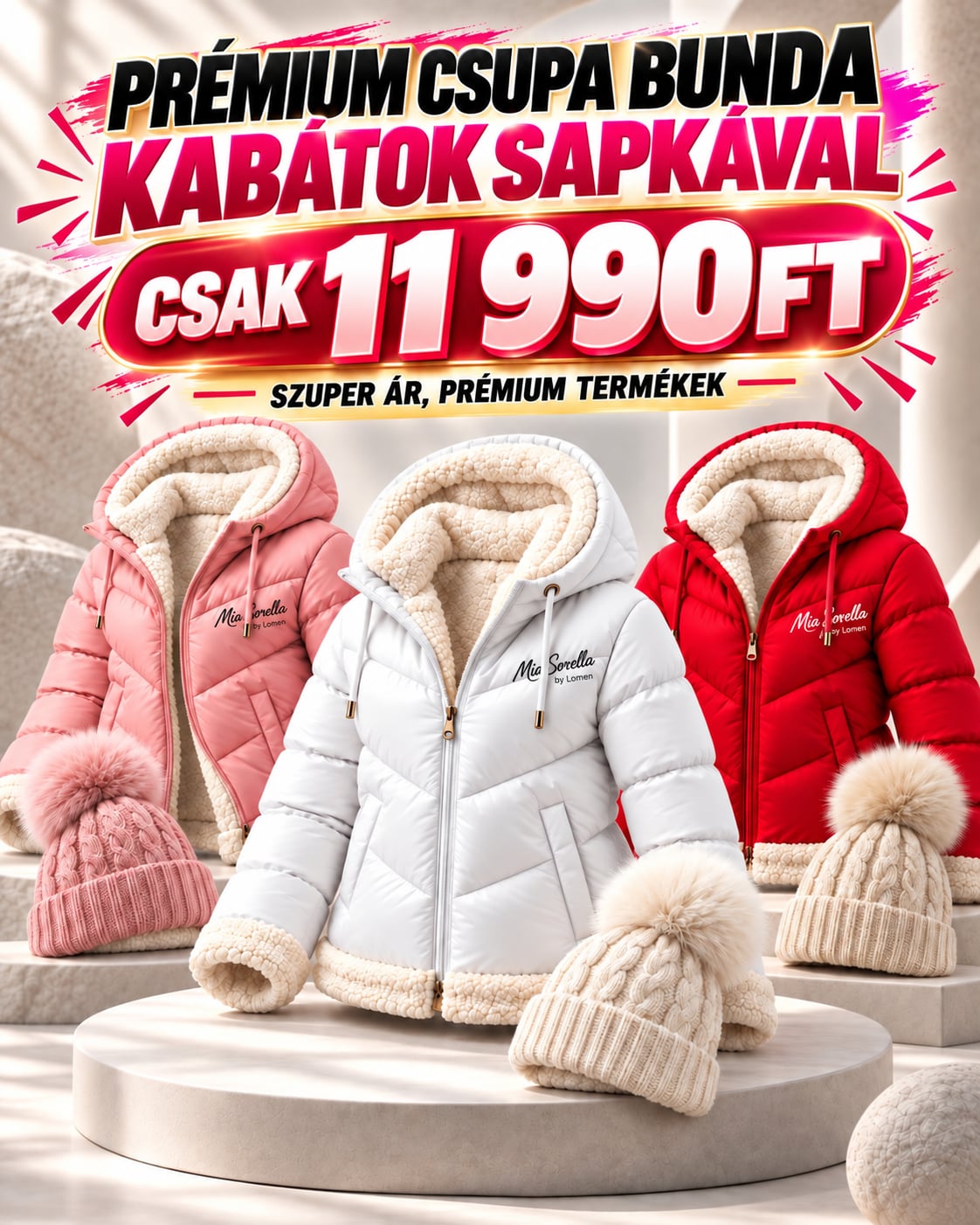 SNOWBELLE – Prémium EXTRA BUNDÁS télikabát AJÁNDÉK pom-pom sapkával!   CSAK 11990FT