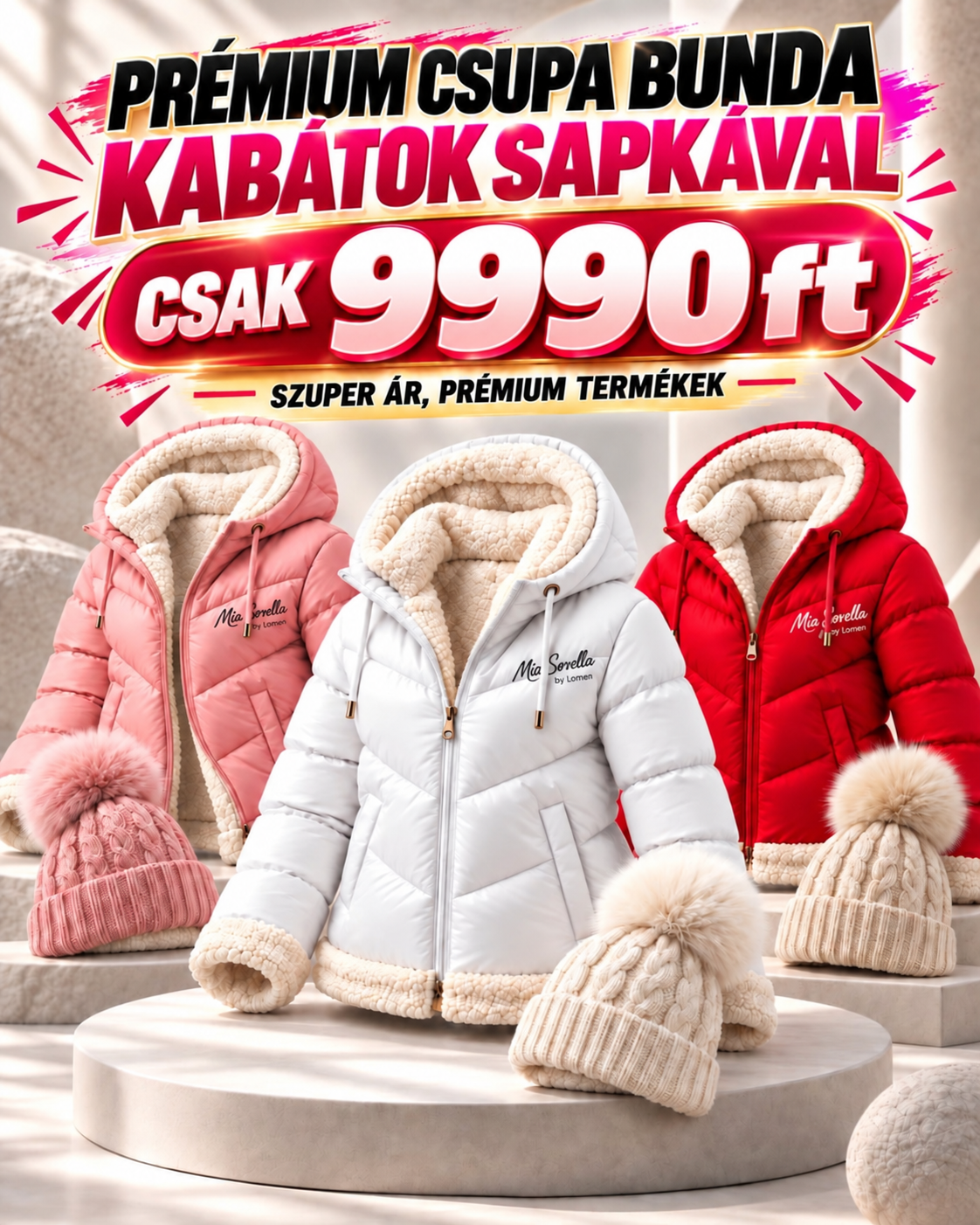 SNOWBELLE – Prémium EXTRA BUNDÁS télikabát AJÁNDÉK pom-pom sapkával!   CSAK 9990 FT