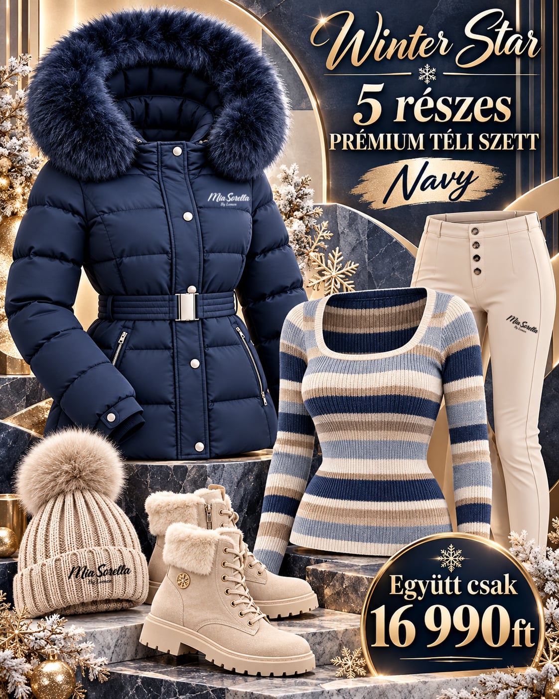WINTER STAR NAVY – 5 RÉSZES PRÉMIUM TÉLI SZETT ⭐, ✨ 5 divatos darab, 1 fantasztikus ár – mindössze 16 990 Ft! 