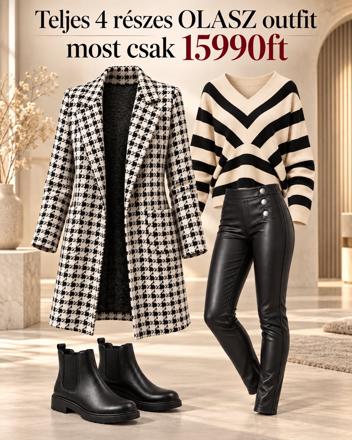 MILANO CHIC – 4 részes OLASZ outfit szövetkabáttal, kötött pulóverrel, bőrhatású nadrággal  lábbelivel  Csak 15990ft