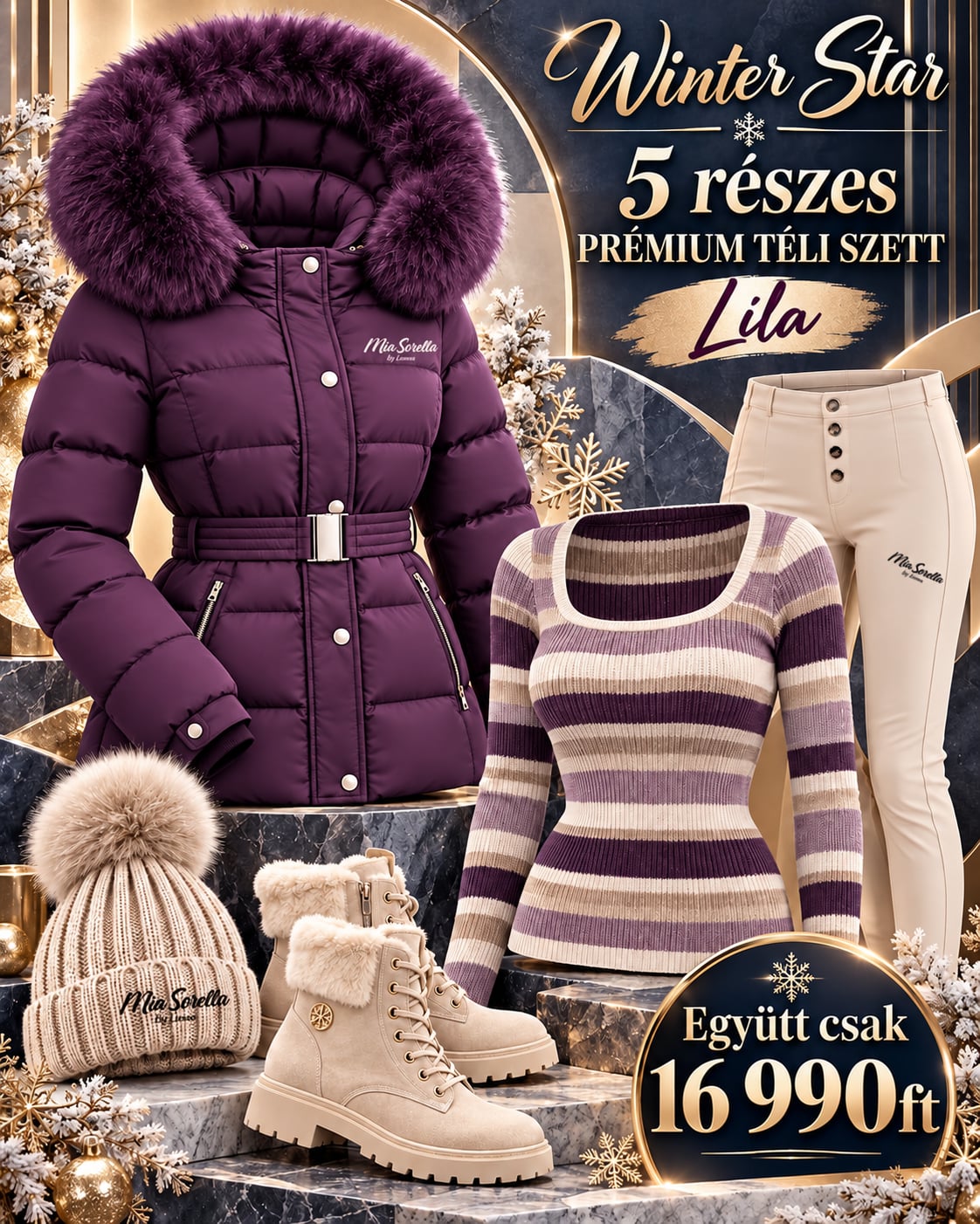 WINTER STAR LILA – 5 RÉSZES PRÉMIUM TÉLI SZETT ⭐, ✨ 5 divatos darab, 1 fantasztikus ár – mindössze 16 990 Ft! 