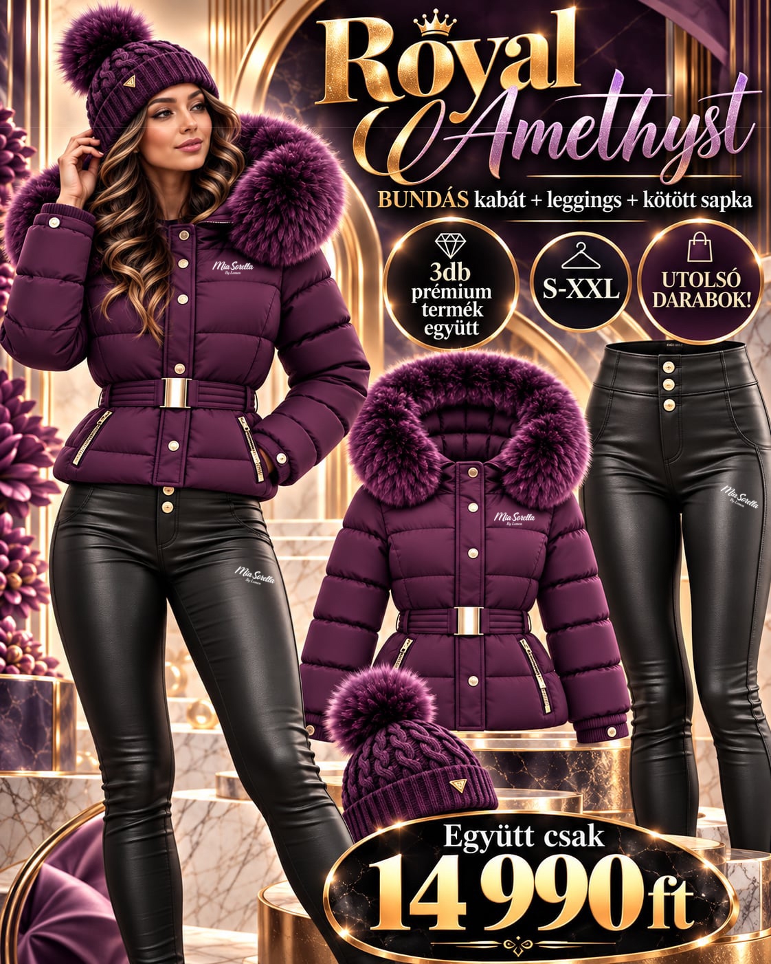  ROYAL AMETHYST by Mia Sorella  3 RÉSZES PRÉMIUM TÉLI LUXUSSZETT  UTOLSÓ DARABOK – EGYÜTT CSAK 14 990 FT! 