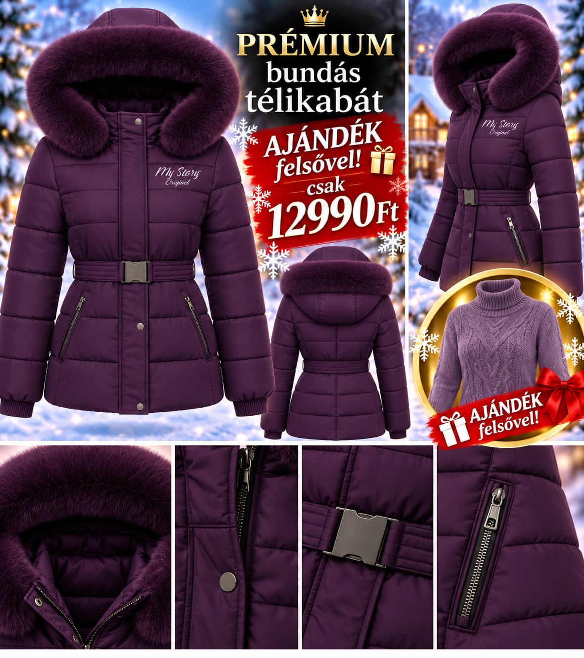   PLUM ROYALE – A tél királynője! LUXUS HATÁSÚ, BELÜL BUNDÁS TÉLIKABÁT + AJÁNDÉK PIHE-PUHA KÖTÖTT PULCSI!  UTOLSÓ DARABOK – MOST CSAK 12 990 Ft! 