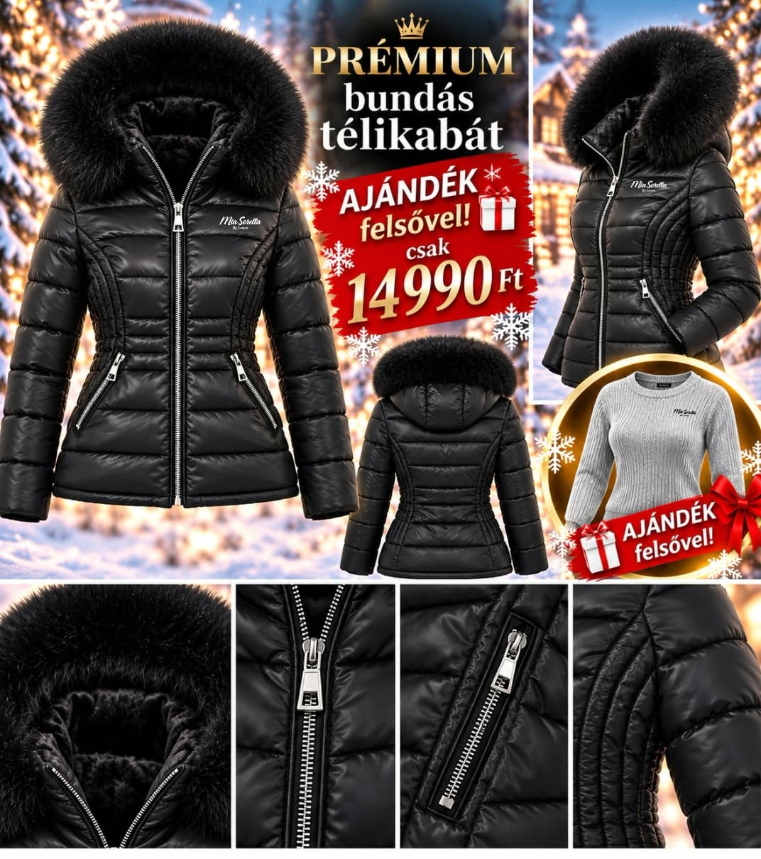  NOIR GLAMOUR – A fekete elegancia új szintje!  EXTRA PRÉMIUM, BELÜL BUNDÁS, KARCSÚSÍTOTT TÉLIKABÁT + AJÁNDÉK PIHE-PUHA KÖTÖTT PULCSI!  Csak 14990ft