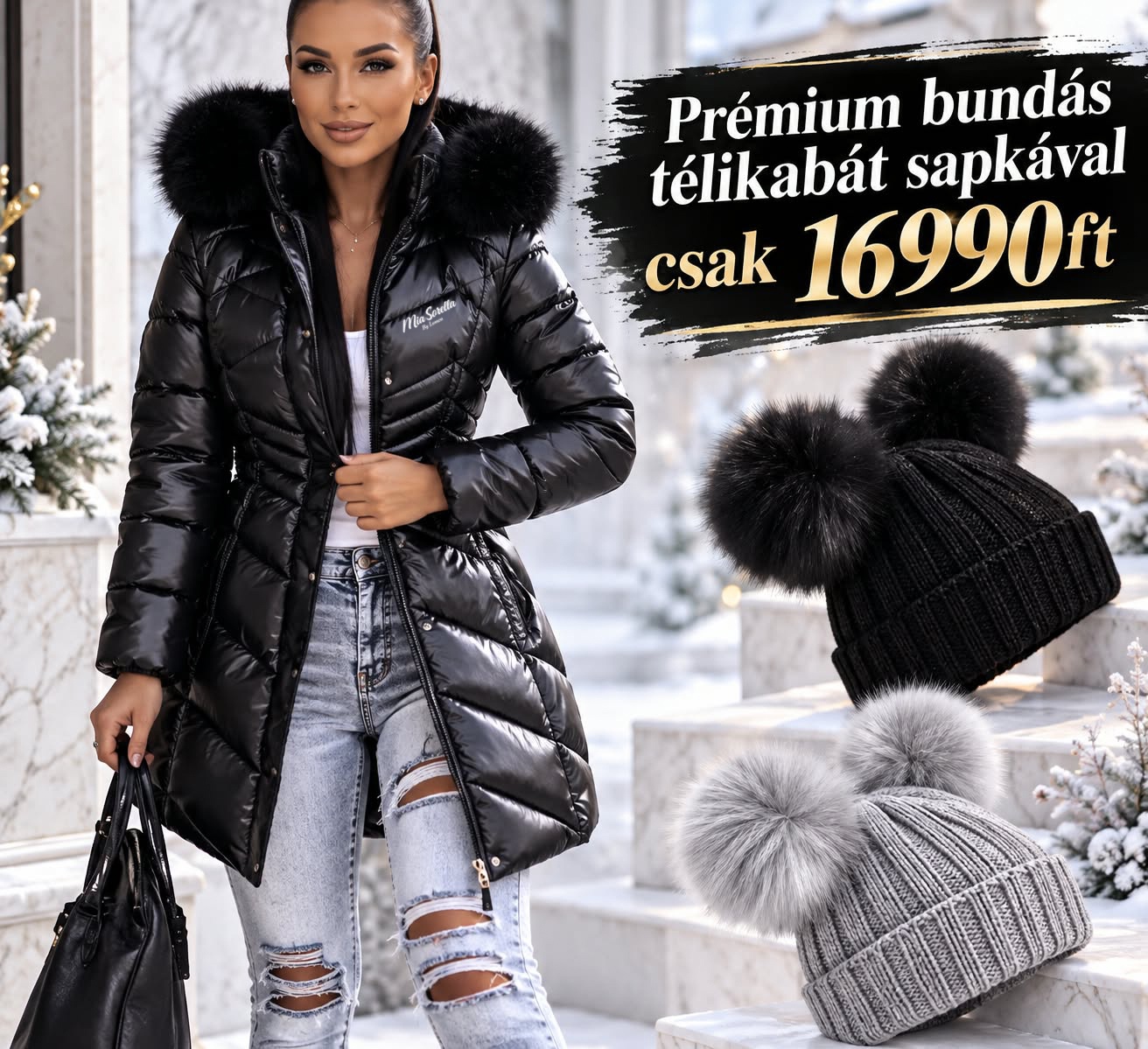  BLACK FROST LUXE – A tél legdögösebb bundás kabátja  sapkával csak 16990ft