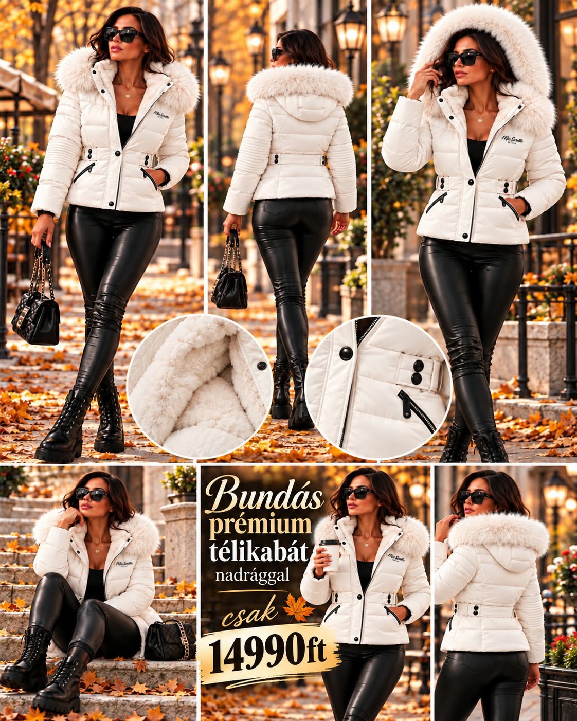 - MIA SORELLA –White QUEEN LUXURY! Extra prémium bundás télikabát + bőrhatású leggings szett együtt csak 14990ft